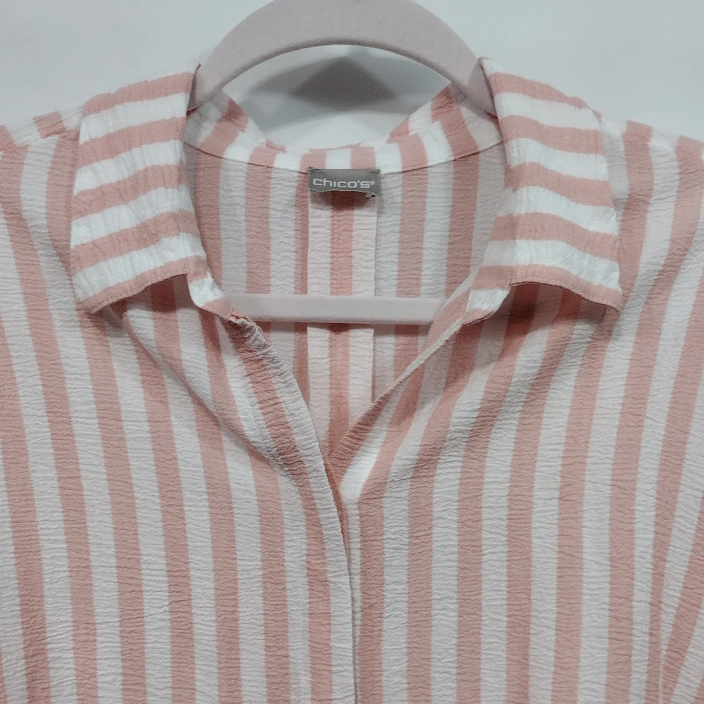 Chico's Striped Drama-Sleeve Shirt Women's L Pink White Strips Office Casual - Picture 3 of 9